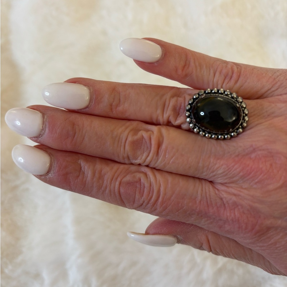 Vintage Ring Black Green Brown Tiger Eye or Labradorite Sterling Silver Size 8 - Picture 13 of 13